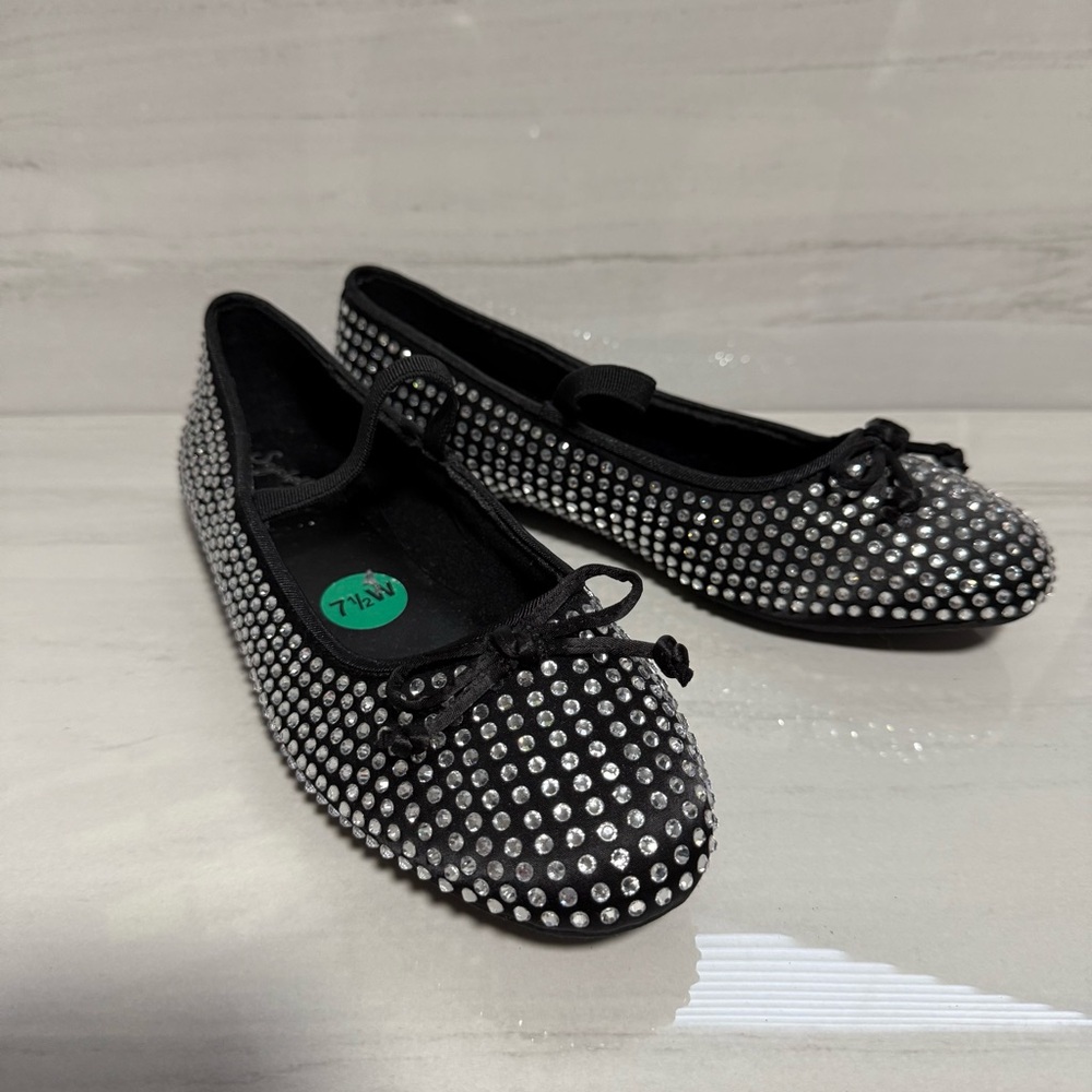 Black Rhinestone Embellished Slip On Round Toe Ballet Flats Girly Coquette 7.5